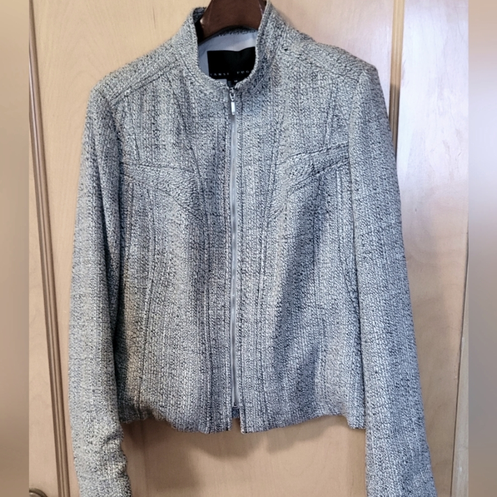 Vintage Yansi Fugel Gray tweed suit. Size 14. Fitted zippered jacket, Wool.